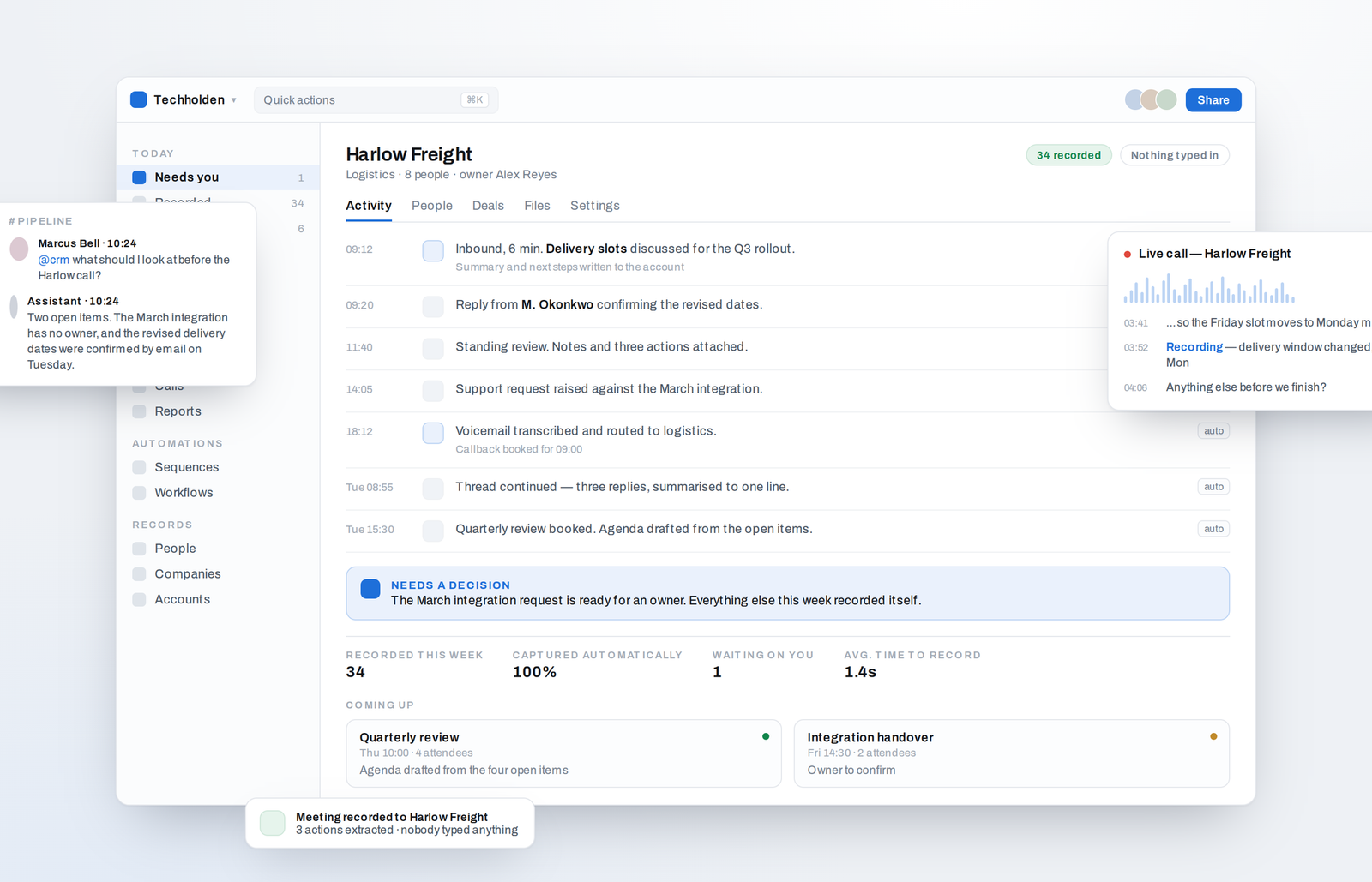 An account view in an AI-based CRM: a week of calls, emails and meetings recorded automatically, a live call transcribing alongside, and one item surfaced for a decision.